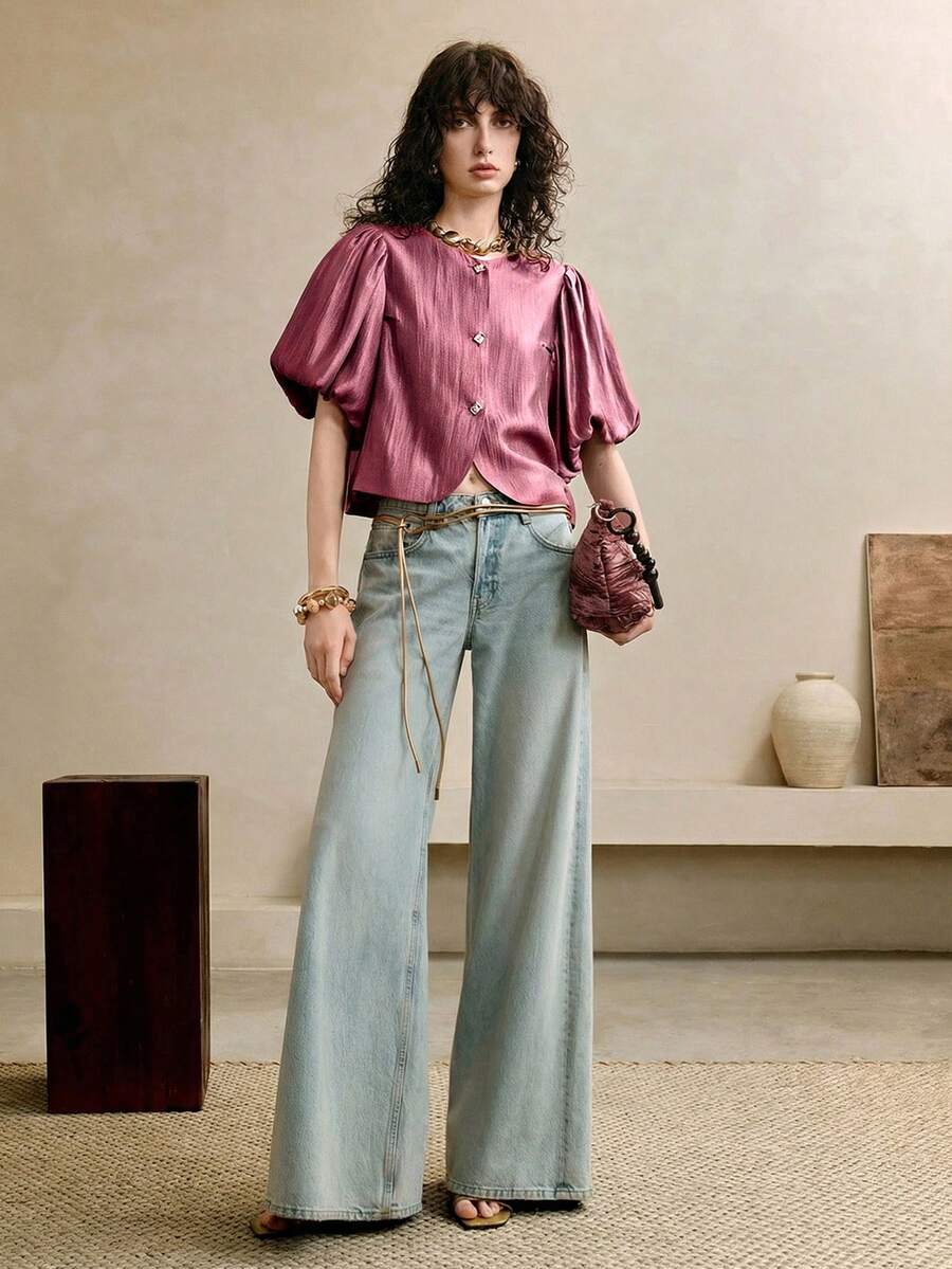 Arave 女款優雅灰粉色夏季絲綢襯衫上衣,燈籠袖金屬裝飾扣設計梭織早午餐都市美感休閒女裝襯衫 - 中紫紅色 - 查看 1