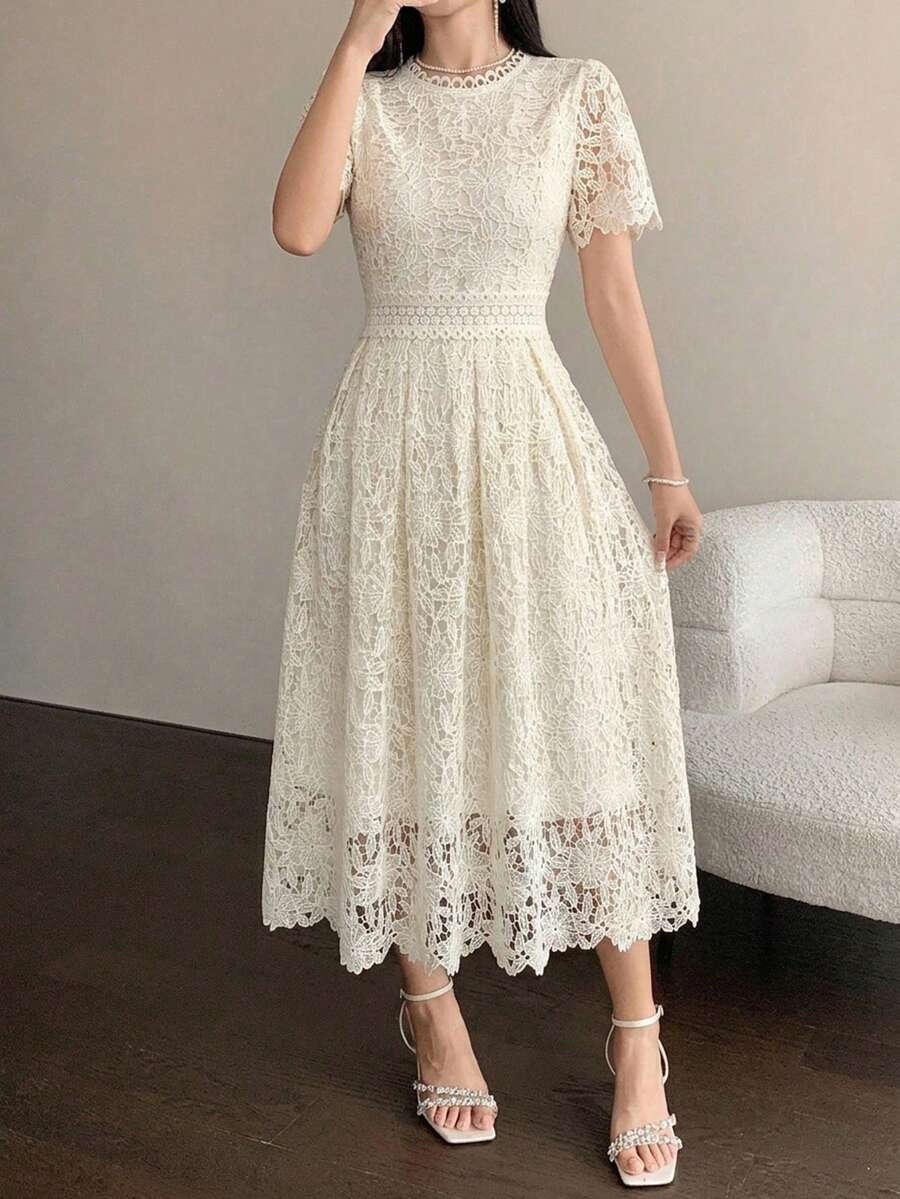 DAZY 優雅蕾絲飾邊短袖洋裝,青春優雅女款夏日陽光洋裝,適合婚禮賓客穿著 - 米色 - 查看 1