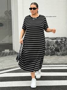 SHEIN CURVE+ Đầm ngắn tay kẻ sọc màu đen xẻ tà dài ngang gối, kiểu dáng thường ngày thoải mái, rộng rãi, thoải mái cho nữ mùa xuân hè, thích hợp mặc đi sân bay, phong cách cổ điển, đồng phục giáo viên, váy đi nhà thờ, trang phục mùa hè, đầm ôm dáng. - Đen và trắng - Xem 5