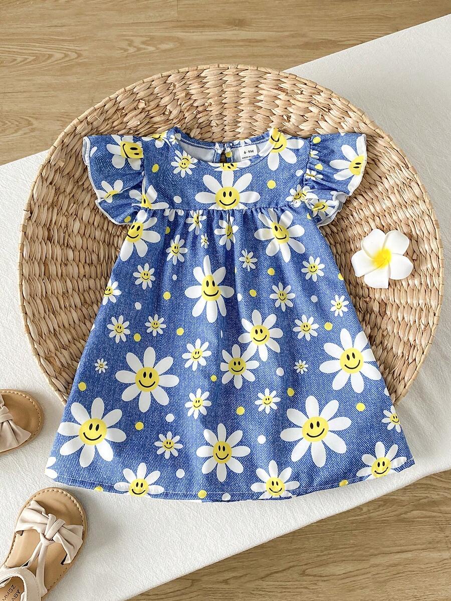 SHEIN Playful Pals Đầm bé gái sơ sinh/trẻ nhỏ 0-3 tuổi in hình thỏ dễ thương, tay bồng, kiểu dáng thường ngày, thích hợp mặc mùa xuân/hè. - Màu xanh lam - Xem 1