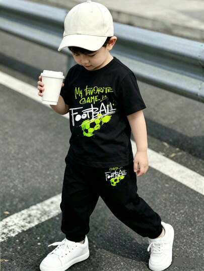 2pcs/Set Young Boy's Casual Stylish Football Graphic Print Short Sleeve Top And Sporty Graphic Print Pants Set, Fashionable Comfortable Outfit, Spring & Summer