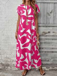 EMERY ROSE Gaun Maxi Kasual/Liburan Wanita Motif Biru dengan Leher Bulat dan Lengan Pendek - Hot Pink - View 1