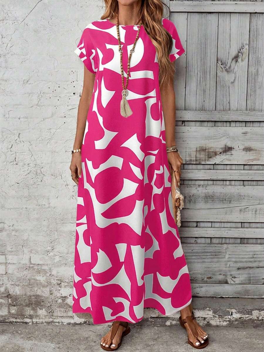 EMERY ROSE Gaun Maxi Kasual/Liburan Wanita Motif Biru dengan Leher Bulat dan Lengan Pendek - Hot Pink - View 1