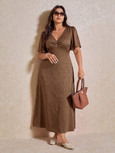 Elaquor Vestido de línea A con cuello en V, cintura recogida, elegante y casual para tallas grandes