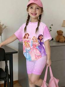 少女夏季时尚甜美可爱卡通公主印花渐变短袖宽松T恤和修身骑行短裤套装 - 彩色 - 查看 3