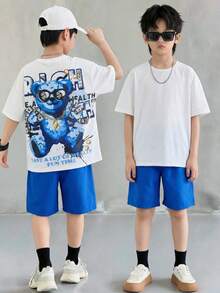 SHEIN Tween Boy Loose Casual Printed Round Neck Short Sleeve T-Shirt And Shorts Set - White - View 1
