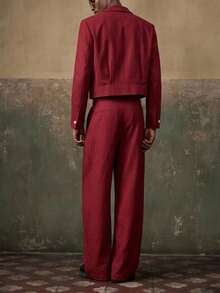 AKNOTIC 2pcs Men's Woven Casual Loose Fit Long Sleeve Jacket And Straight Leg Pants Set, Vacation, Father's Day Gifts - Burgundy - View 6
