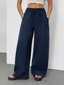 SHEIN Tall Quần nữ mùa hè/mọi mùa, phong cách đồng quê, đi xem hòa nhạc, đi biển, boho, tối giản, chất liệu 100% cotton, ống quần cong. - Màu xanh hải quân - Xem 7