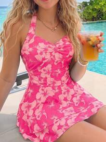 SHEIN Đầm ngắn ôm dáng cổ yếm xếp ly in hoa cho bé gái tuổi teen, họa tiết hoa dâm bụt hồng, thích hợp cho kỳ nghỉ xuân hè ở bãi biển, dự tiệc không tay thời trang, hẹn hò, ngày Valentine, lễ Phục sinh, lễ hội hóa trang, kỳ nghỉ trên du thuyền. - Màu Hồng Tươi - Xem 10