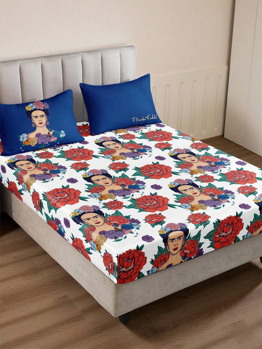 Frida Kahlo X SHEIN 1件花卉图案印花床垫,抛光材质,柔软保暖,适用于单人床/双人床/大号床/特大号床,复古床上用品,打造唯美卧室 - 白紅 - 查看 1