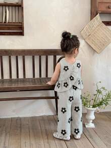 SHEIN 2件套女婴条纹碎花圆领休闲背心和裤子套装 - 黑與白 - 查看 4