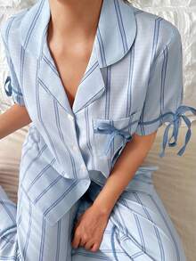 Napfluff Striped Print Lapel Contrast Color Casual Homewear Short Sleeve Top And Pants Set For Women - Blue - View 4