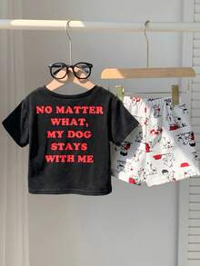 SHEIN Set de 2 piezas de camiseta de manga corta con estampado de dibujos animados y pantalones cortos para bebé niño, conjunto casual - Multicolor - Ver 5