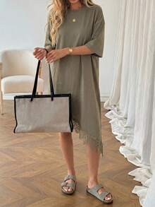 Vestido de mujer de longitud media, de manga corta, con bajo asimétrico, de estilo básico de moda, para uso diario, de vacaciones o para ir al trabajo, de unicolor con aplicaciones de encaje - Camel - Ver 4
