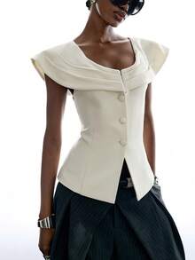 LYSMO Áo blazer nữ màu trơn xếp ly cài một hàng khuy thời trang - Màu be - Xem 7