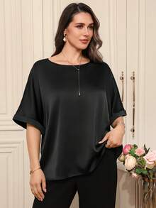 Miaspire Áo thun cổ tròn vải pique cỡ lớn dành cho nữ - màu đen - Xem 5