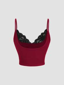 Sweetra Women's Sexy Lace Patchwork V-Neck Camisole Sleeveless Backless Crop Top, Suitable For Spring, Summer And Autumn - Burgundy - View 2