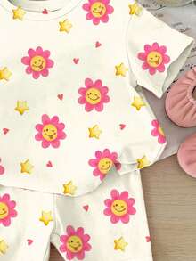 Baby Girls' Cute Colorful Polka Dot, Floral, Heart Print 2Pcs Set - T-Shirt And Shorts, Suitable For Spring/Summer - Multicolor - View 4