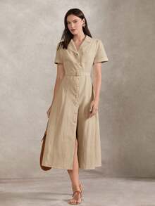 Briarwyn Women's Fashion Solid Color Single-Breasted Waist Belt Long Dress - Khaki - View 3