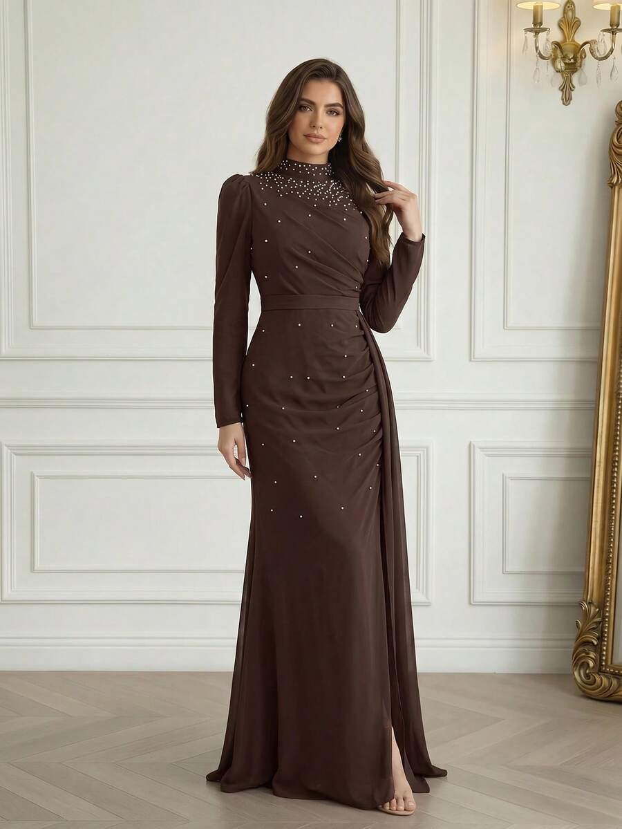 Modelyn Gaun Malam Panjang Wanita dengan Kerah Tegak untuk Pesta dan Pernikahan - Coffee Brown - View 1
