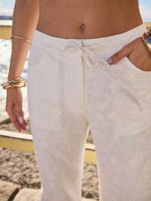 Aralina Women's Low Rise Floral Embroidered Relaxed Wide Leg Pants,Off-White Lightweight Drawstring Waist Summer Boho Beach Outfits Vacation Holiday Clothes - White - View 3
