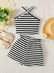 SHEIN Bộ đồ 2 món cho bé gái tuổi teen: Áo không tay kẻ sọc đen trắng và quần short dệt kim dáng rộng. - Đen và trắng - Xem 2