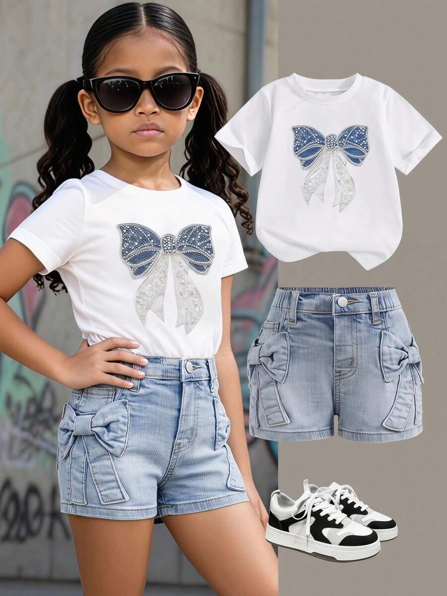 SHEIN 女童夏季Y2K都市街頭風3D蝴蝶結口袋水洗淺藍色牛仔彈性緊身短褲,適用於春/夏季日常穿著、街頭風、節慶、派對、海灘、生日、鄉村、畢業、休閒、夏季度假,4歲 - 淺色水洗藍 - 查看 1