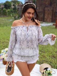 SHEIN LUNE 大码女式露肩碎花系腰灯笼袖浪漫优雅长袖衬衫，适合派对、度假和外出穿着 - 淡紫色 - 查看 4