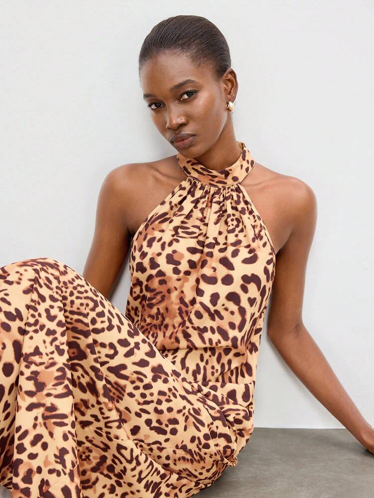 SHEIN Maija Tangerine Summmer Elegant Party Night Cheetah Print Animal Print Zebra Mid-Length Dress,Women's Waist-Cinched Modern Fashion Summer Festival Outfits