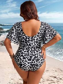 Swim Lushoire Plus Size Leopard Print V-Neck Short Sleeve One-Piece Swimsuit - Multicolor - View 2