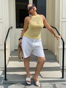 Dazy Plus Plus Size Women's Solid Color Hollow Out Cropped Spaghetti Strap Sleeveless Knit Casual Vacation Sweater Vest, Brown Gym Summer - Pale Yellow - View 4