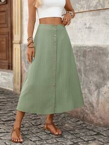 Falda midi con botones frontales y corte evasé para mujer, estilo vacacional y bohemio, de cintura alta, fluida y casual, ideal para playa y vacaciones - Rojo - Ver 9