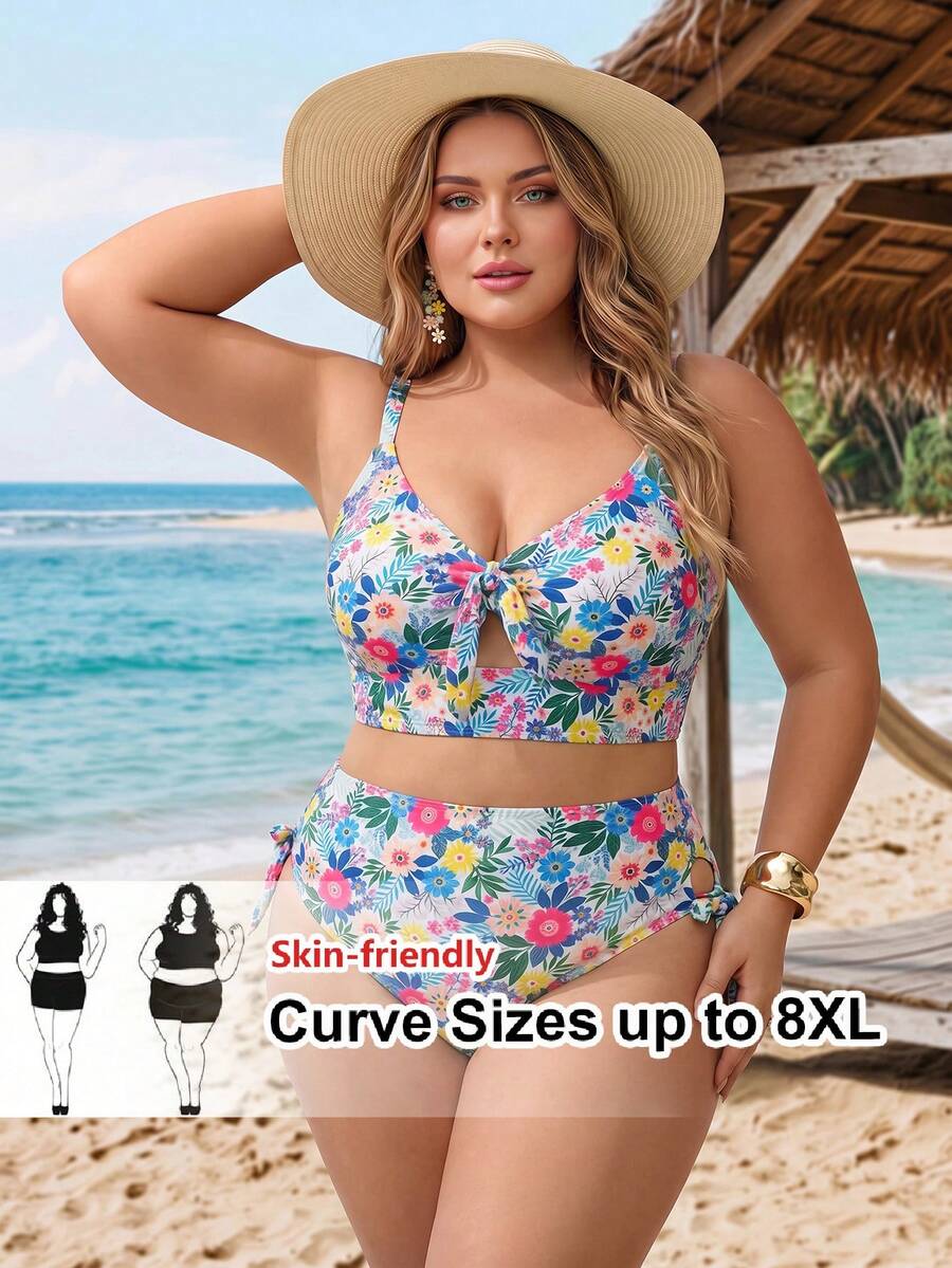 SHEIN CURVE+ 大码女式两件套印花加宽肩带三角比基尼套装，度假沙滩装 - 彩色 - 查看 1