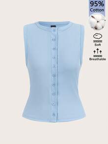 SHEIN BASICS 女款純色極簡無袖背心，休閒日常穿著夏季女用淺藍色 - 藍色 - 查看 3