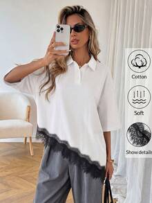 Easowa Áo thun ngắn tay nữ phối ren, kiểu dáng thường ngày đa năng; Áo polo nữ màu trắng bằng cotton với viền ren đen; Áo thun nữ màu trắng pha cotton với viền ren tinh tế và thiết kế bất đối xứng độc đáo; Áo mùa hè màu trắng. - trắng - Xem 1