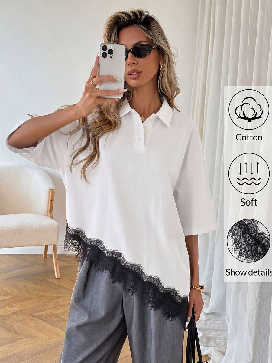 Easowa Áo thun ngắn tay nữ phối ren, kiểu dáng thường ngày đa năng; Áo polo nữ màu trắng bằng cotton với viền ren đen; Áo thun nữ màu trắng pha cotton với viền ren tinh tế và thiết kế bất đối xứng độc đáo; Áo mùa hè màu trắng. - trắng - Xem 1