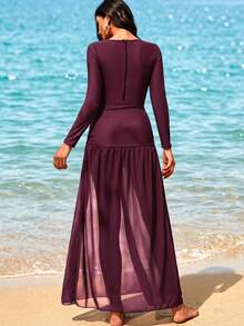 Swim Mulvari Women's Simple Solid Color Burkini Jumpsuit And Sarong Skirt Set, Suitable For Beach And Vacation - Redwood - View 2