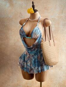 BamGleam Summer Beach Vacation Printed Halter Dress, Sexy Backless Cake Mini Dress For Beach Party - Multicolor - View 6