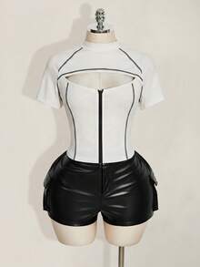 SHEIN ICON 大码女式黑白撞色镂空缝线T恤 - 白色 - 查看 3