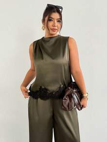 Firerie Plus Size Women Elegant Lace Patchwork Camisole & Pants 2 Pieces Set - Army Green - View 7