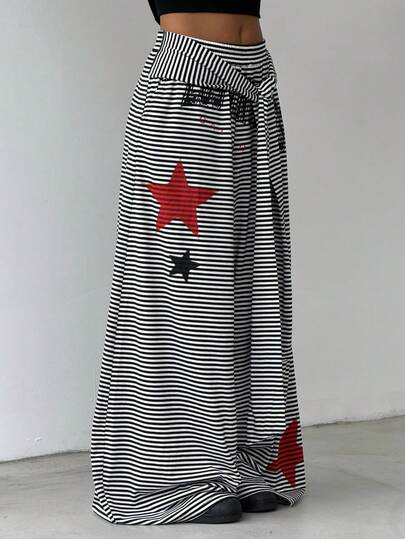 Muchica Summer Black And White Striped Wide Leg Pants For Women With Red Star Print – Casual Elegant High Waist Loose Fit Palazzo Trousers, Comfortable Breathable Lightweight Fashion Street Style, Vacation Beach Festival Party Street Snap Going Out Outfit, Statement Pants For Festa Junina, Holiday, Graduation And Everyday Look