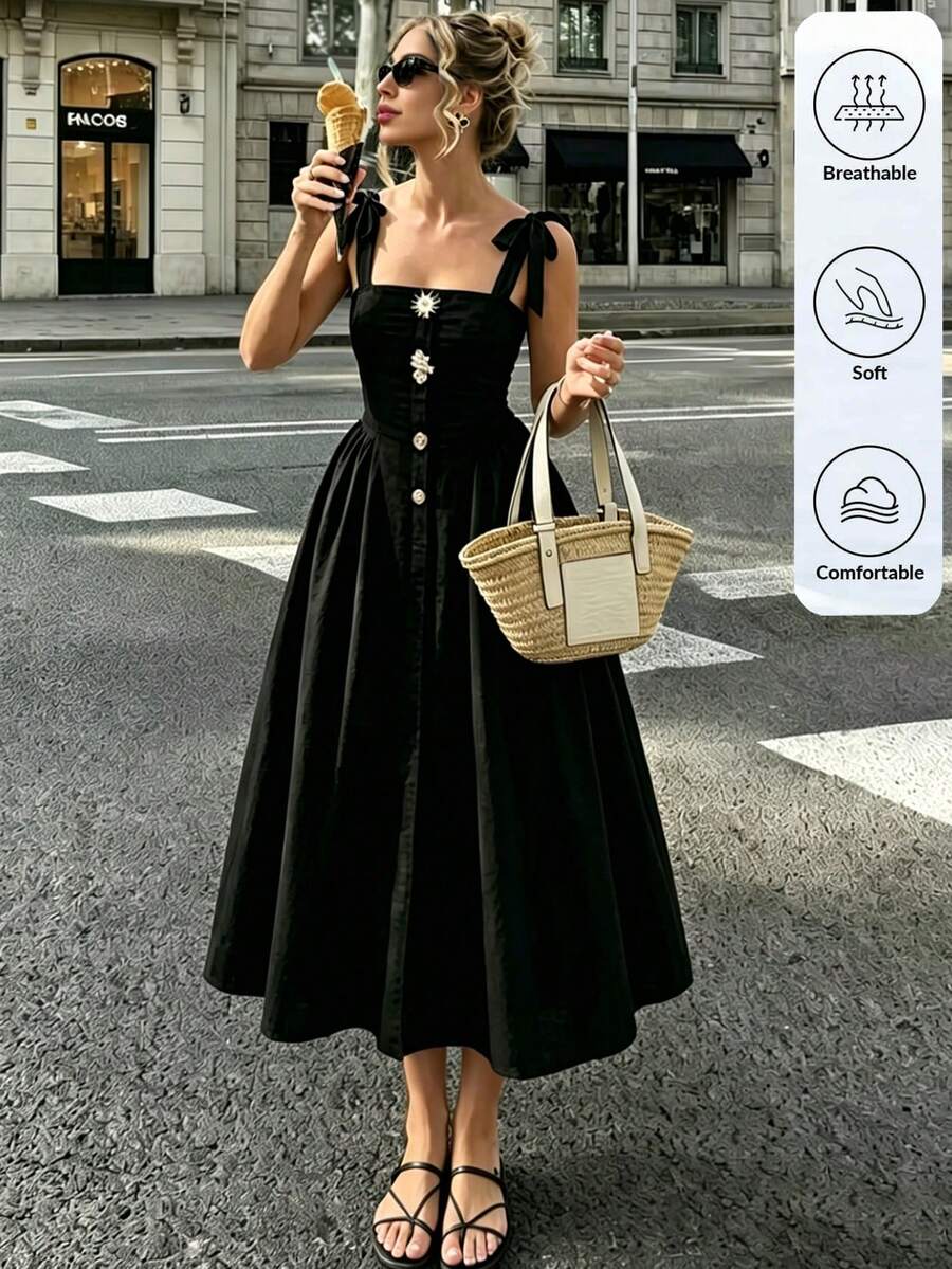 SHEIN Elenzya 女士优雅黑色金属扣纯黑色夏季连衣裙 - 黑色 - 查看 1