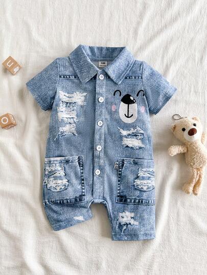 SHEIN Vintaside Kids 嬰兒男童卡通圖案牛仔效果短袖連體褲