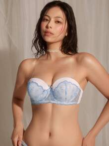DelicateAllure Women's Contrast Color Lace Sexy Cute Bow Decor Bra Light Blue Summer - Baby Blue - View 5
