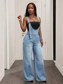 Slaydiva Bộ jumpsuit denim ống rộng rách rưới phong cách thường ngày dành cho nữ - Rửa nhẹ - Xem 2