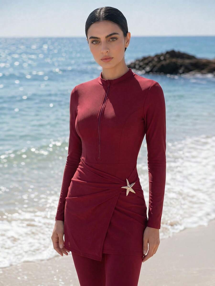Veilorie Đồ bơi cổ tròn tay raglan màu trơn, thoải mái, thoáng khí. - Màu đỏ tím - Xem 1