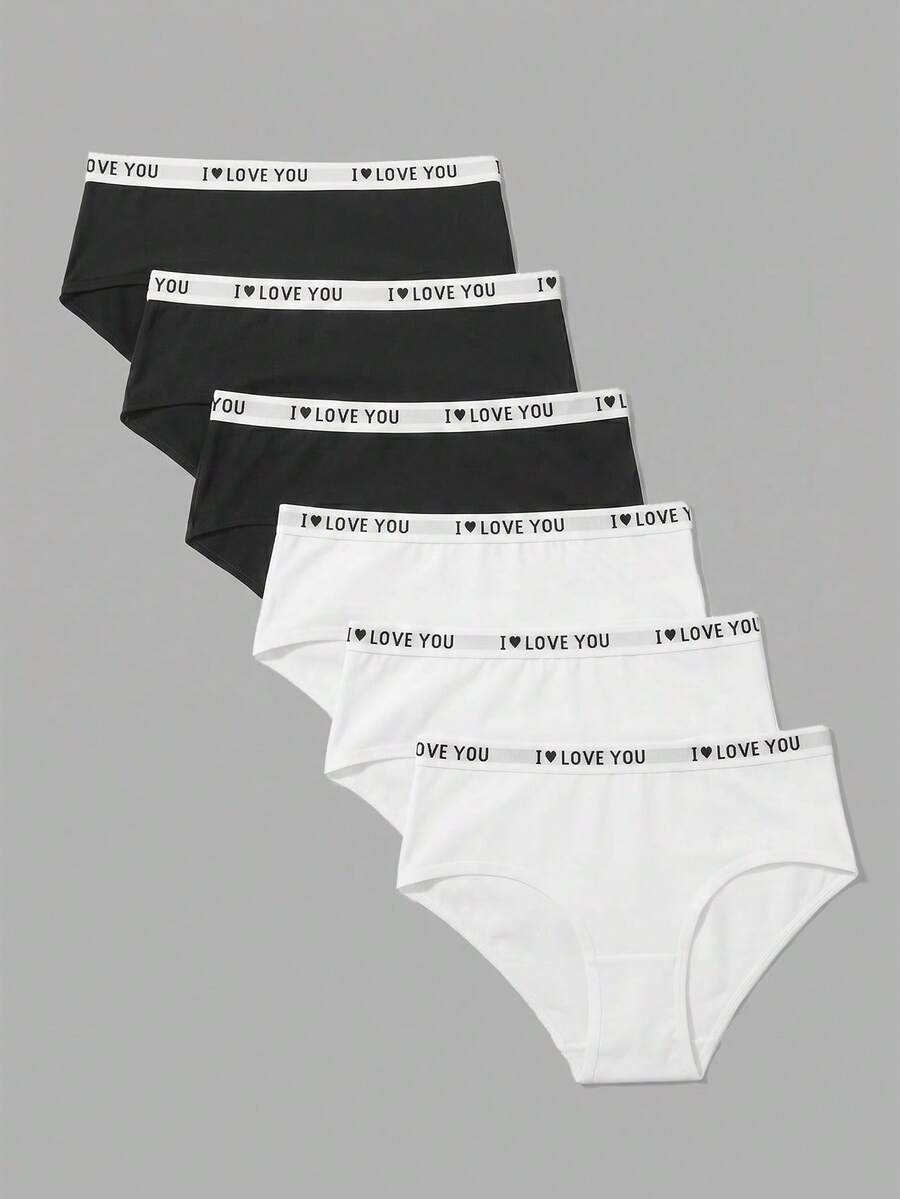 SHEIN Girlism 6件裝青少年女孩舒適字母彈性腰軟內褲 - 黑與白 - 查看 1