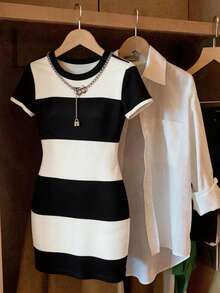 INAWLY Women's Contrast Color Minimalist Round Neck Short Sleeve Mini Dress - Black and White - View 3