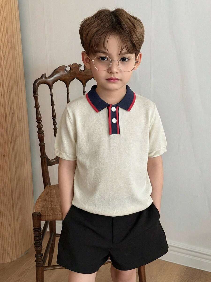 DAZY Young Boy Colorblock Polo Collar Short Sleeve Casual Sweater Summer - Apricot - View 1