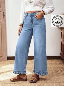 EMERY ROSE Plus Size Women Street Casual Comfortable Mid-Blue Non-Stretch Ruffle Hem Straight Leg Jeans - Light Wash - View 4